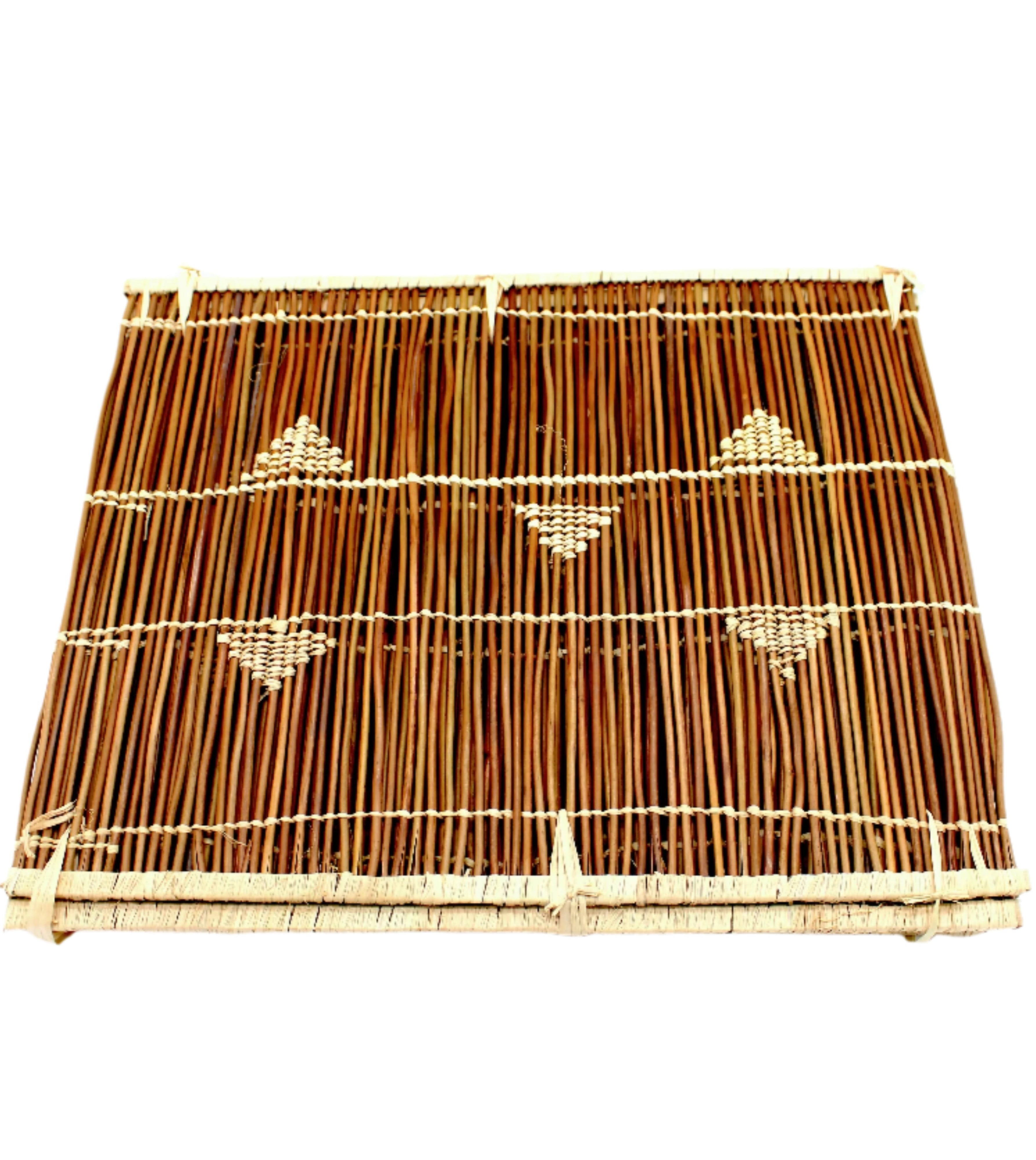 Baraka Square Reed and Raffia Straw Placemats Sets of 6 handmade natural reed and woven raffia palm fiber in a natural multicolor hue of dark brown, reddish brown, and straw color with woven triangle detailing, parallel banding, and loop edging embellishment set of six - Shebobo