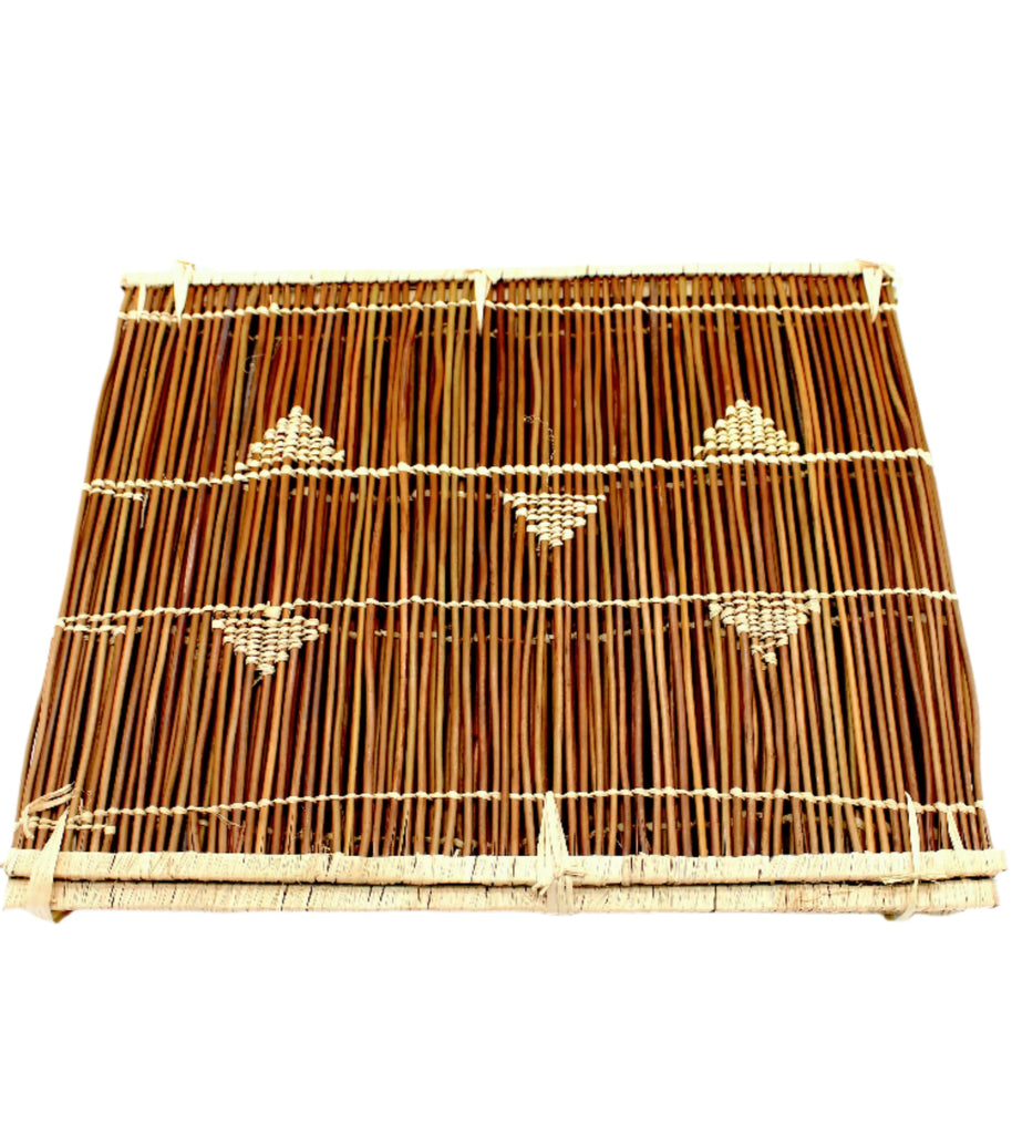 Baraka Square Reed and Raffia Straw Placemats Sets of 6 handmade natural reed and woven raffia palm fiber in a natural multicolor hue of dark brown, reddish brown, and straw color with woven triangle detailing, parallel banding, and loop edging embellishment set of six - Shebobo