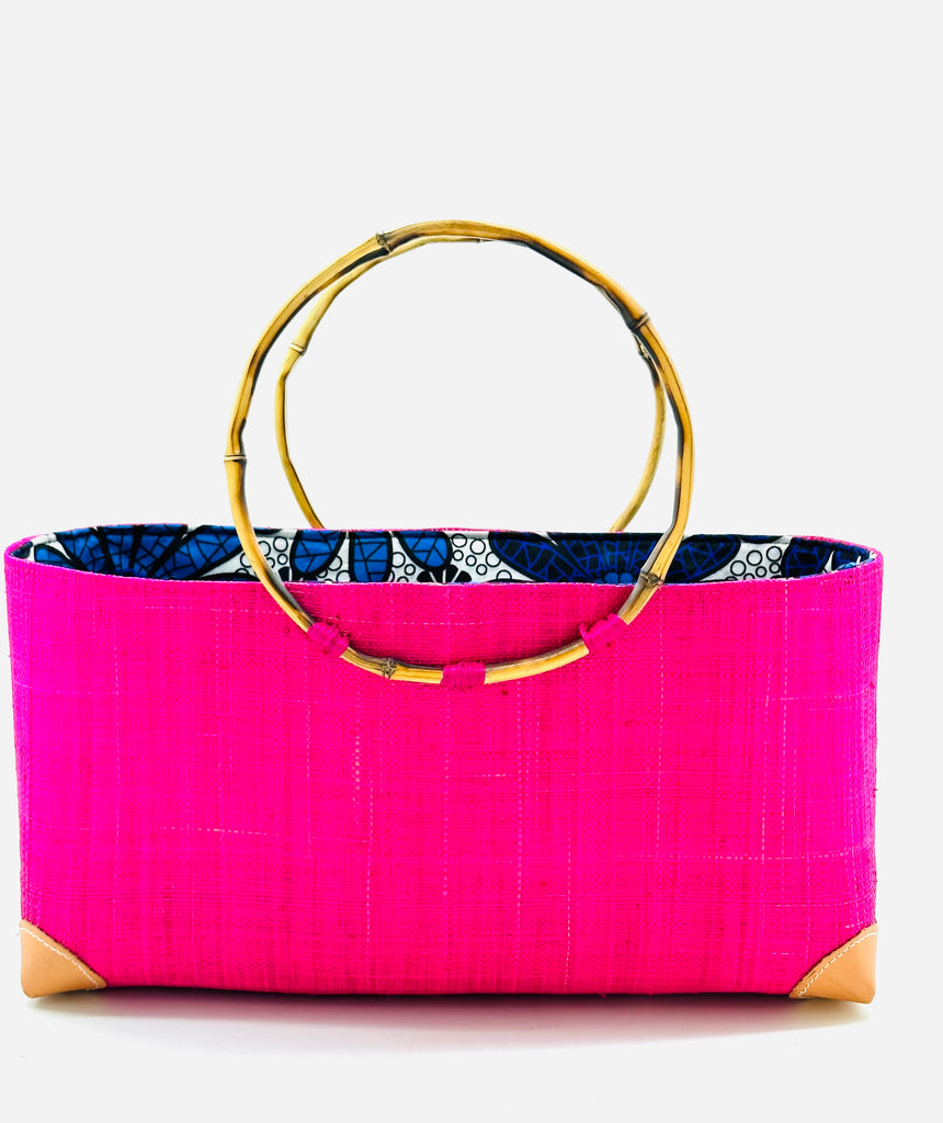 Bebe Straw Handbag with Bamboo Handle Fuchsia Pink with Assorted African Print Liner Purse - Shebobo