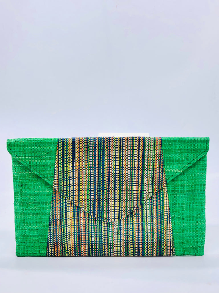 Belvedere Multicolor Straw Clutch handmade loomed raffia solid grass green sides with centered heathered melange pattern of breen, yellow, orange, blue, natural, black, etc. multicolor accent envelope pouch purse handbag - Shebobo