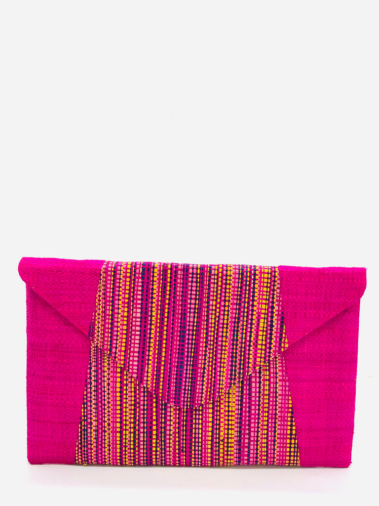 Belvedere Multicolor Straw Clutch handmade loomed raffia solid fuchsia pink sides with centered heathered melange pattern of black, yellow, orange pink, blue, etc. multicolor accent envelope pouch purse handbag - Shebobo