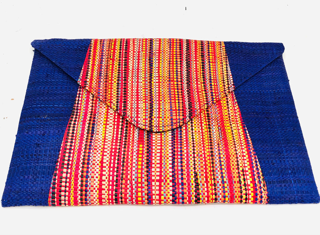 Belvedere Multicolor Straw Clutch handmade loomed raffia solid navy blue sides with centered heathered melange pattern of red, orange, blue, yellow, natural, black etc. multicolor accent envelope pouch purse handbag - Shebobo