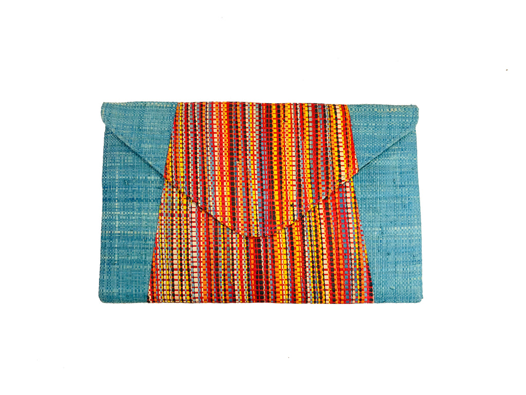 Belvedere Multicolor Straw Clutch handmade loomed raffia solid turquoise blue sides with centered heathered melange pattern of red, orange, blue, yellow, natural, black etc. multicolor accent envelope pouch purse handbag - Shebobo