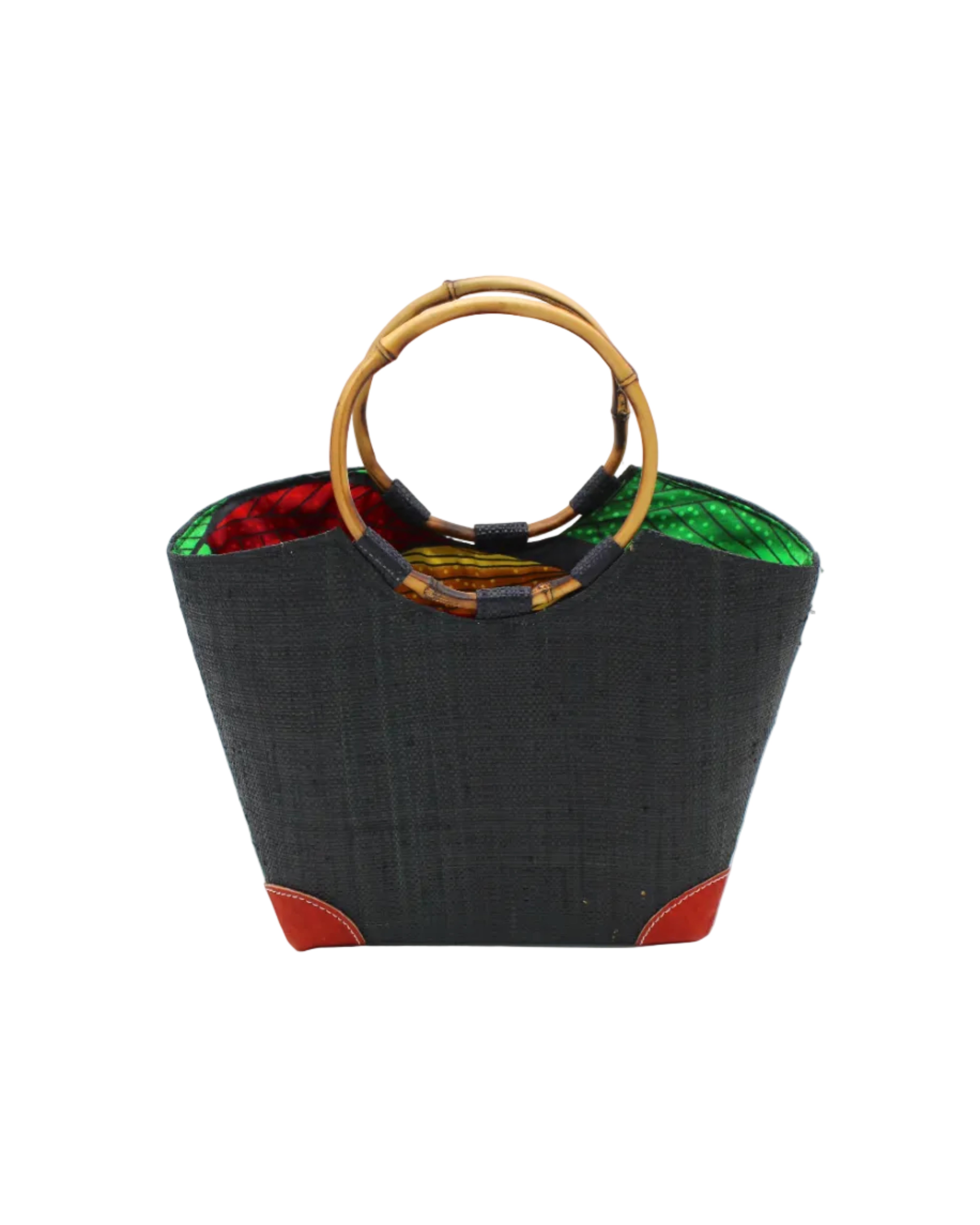 Betty Straw Bucket Bag with Bamboo Handles handmade loomed natural raffia palm fiber in a solid hue of black with circular bamboo handles, leather feet, and colorful African Print wax cloth liner handbag purse tote - Shebobo