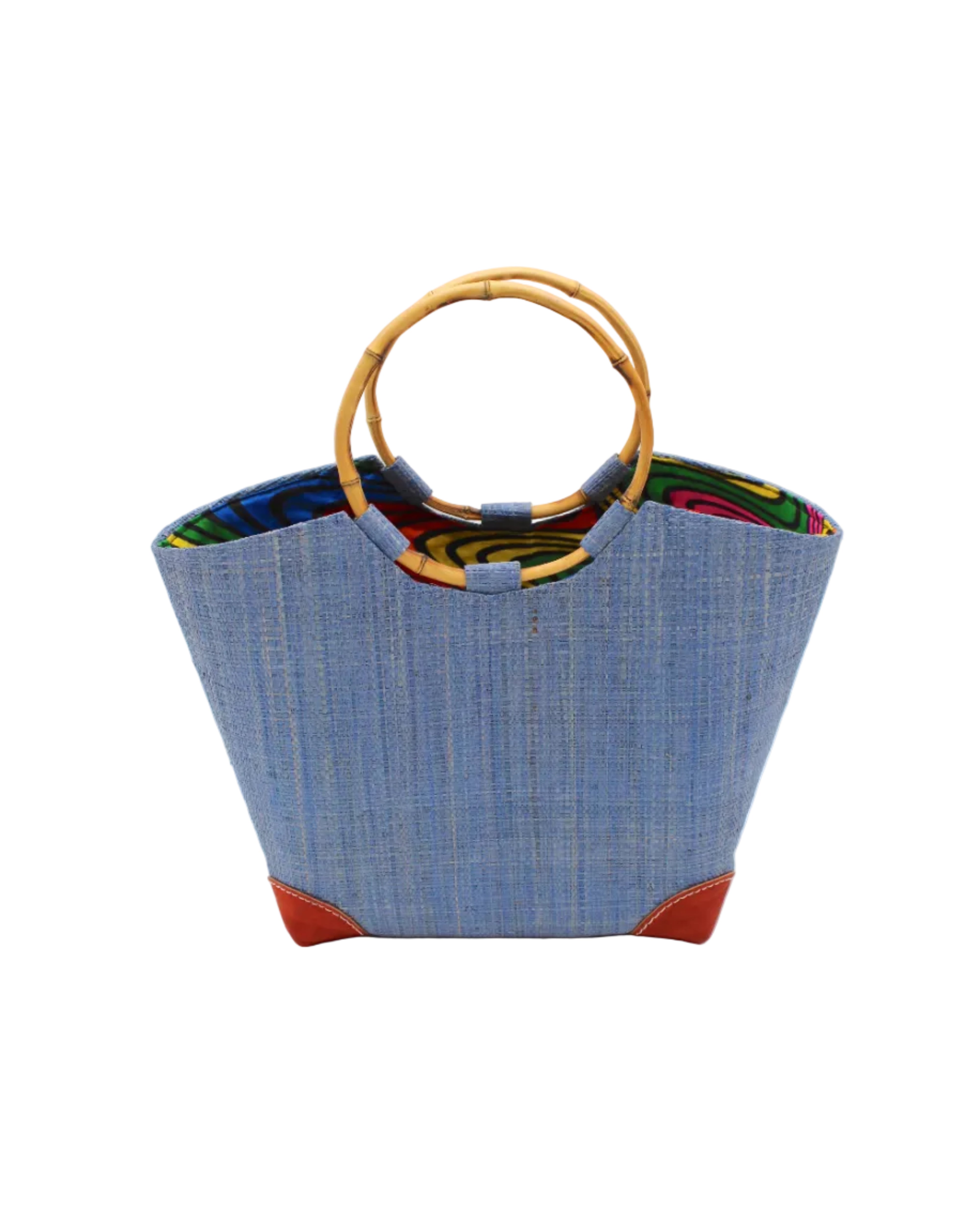 Betty Straw Bucket Bag with Bamboo Handles handmade loomed natural raffia palm fiber in a solid hue of denim light/retro/blue with circular bamboo handles, leather feet, and colorful African Print wax cloth liner handbag purse tote - Shebobo