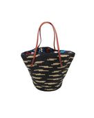 Bimini Crochet Straw Shoulder Bag Purse with Zebra Stripe handmade natural raffia palm fiber in a two tone zebra stripe of primarily Black with small horizontal asymmetrical bands of Natural straw color that create spotted stripe pattern with leather handles handbag beach bag purse - Shebobo