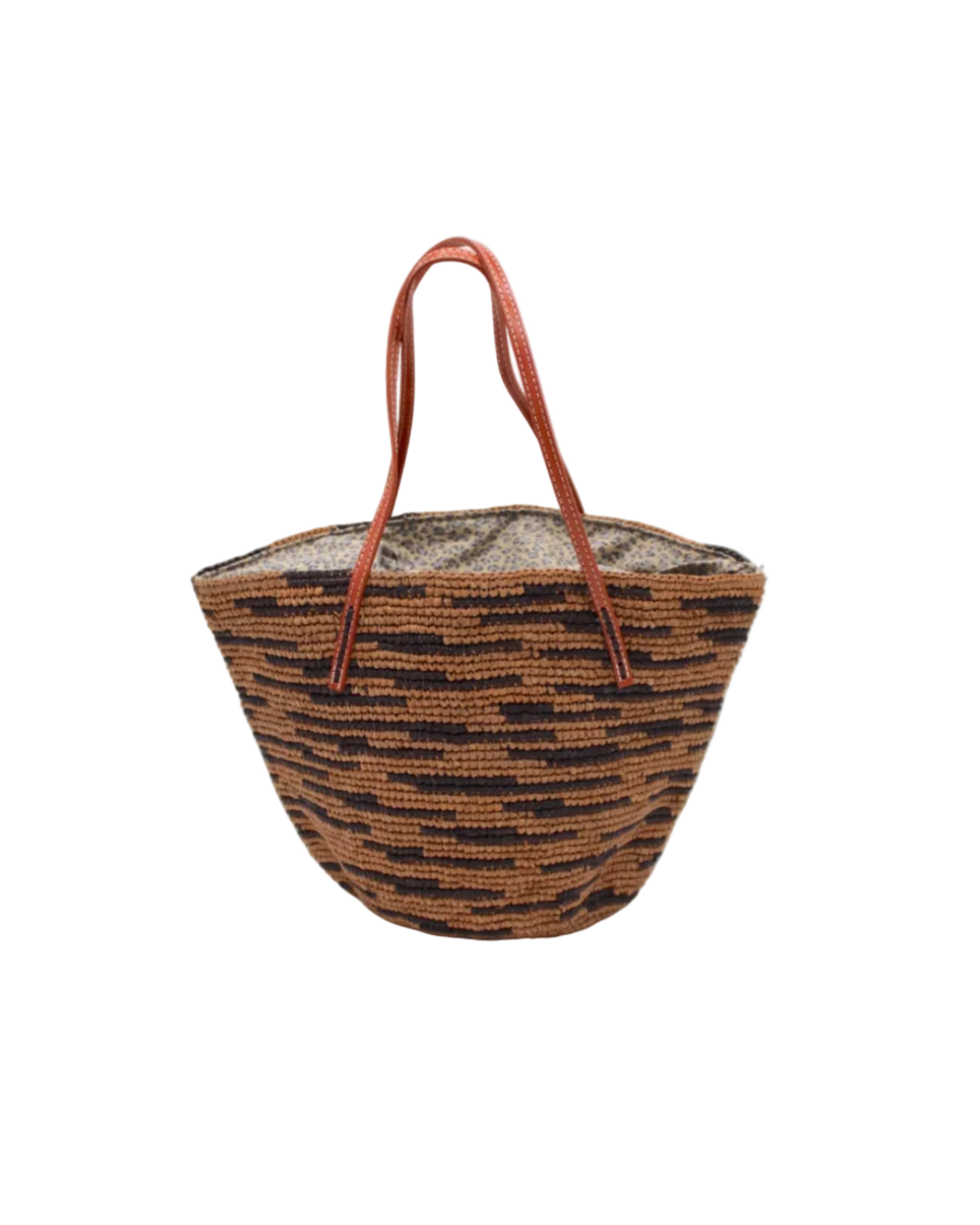 Bimini Crochet Straw Shoulder Bag Purse with Zebra Stripe handmade natural raffia palm fiber in a two tone zebra stripe of primarily Cappuccino tea/light/brown with small horizontal asymmetrical bands of Espresso chocolate/dark/brown that create spotted stripe pattern with leather handles handbag beach bag purse - Shebobo