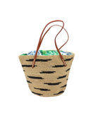 Bimini Crochet Straw Shoulder Bag Purse with Zebra Stripe handmade natural raffia palm fiber in a two tone zebra stripe of primarily Natural straw color with small horizontal asymmetrical bands of Black that create spotted stripe pattern with leather handles handbag beach bag purse - Shebobo