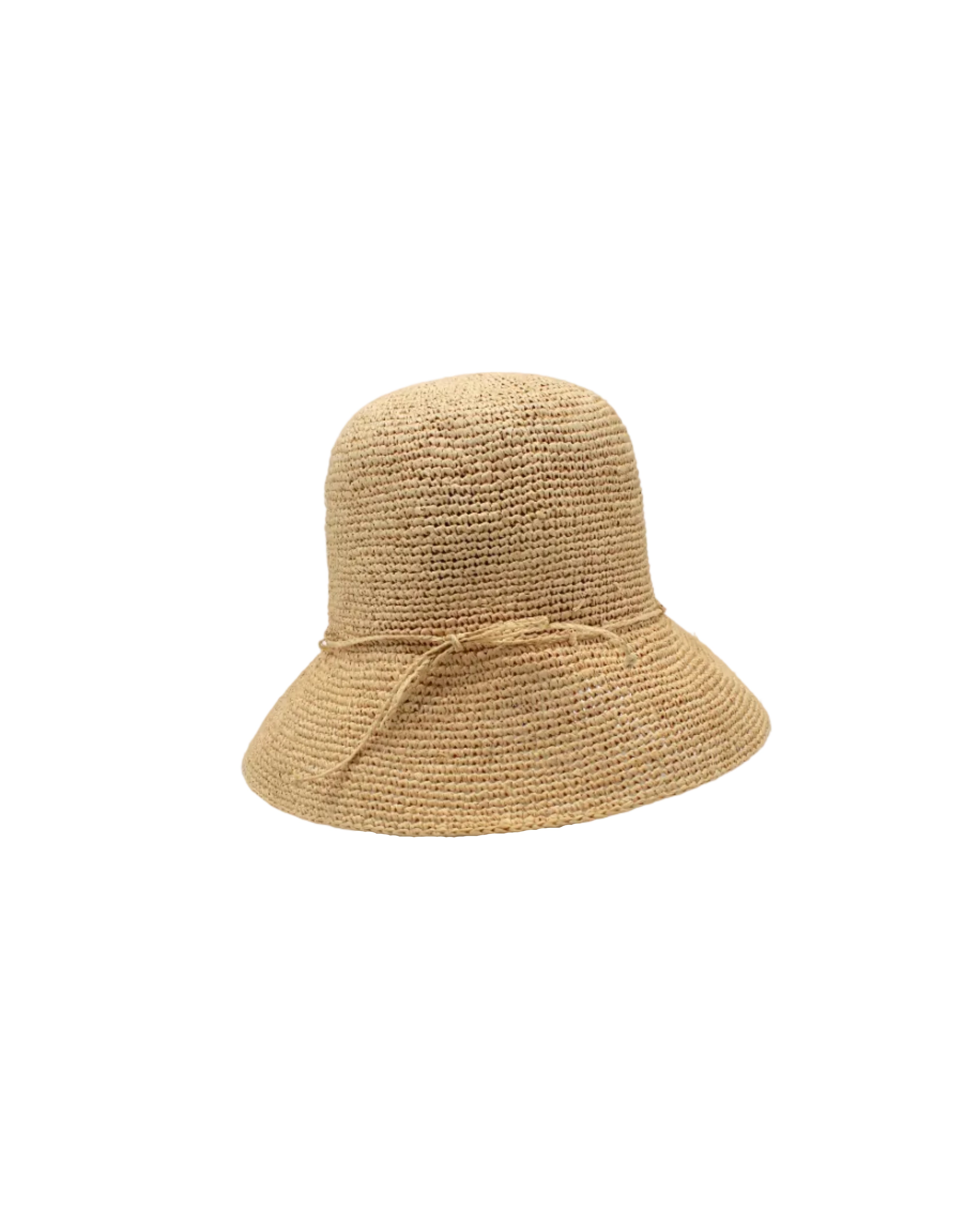 Bobbi 3" Brim Crochet Bucket Raffia Straw Hats handmade natural raffia palm fiber in a subtle crochet link texture spiraling out from the top crown of the hat to the edge of the brim in a solid hue of natural straw color with matching braided adjustable hat band sun hat - Shebobo