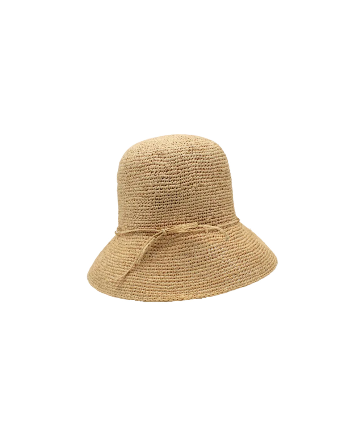 Bobbi 3" Brim Crochet Bucket Raffia Straw Hats handmade natural raffia palm fiber in a subtle crochet link texture spiraling out from the top crown of the hat to the edge of the brim in a solid hue of natural straw color with matching braided adjustable hat band sun hat - Shebobo
