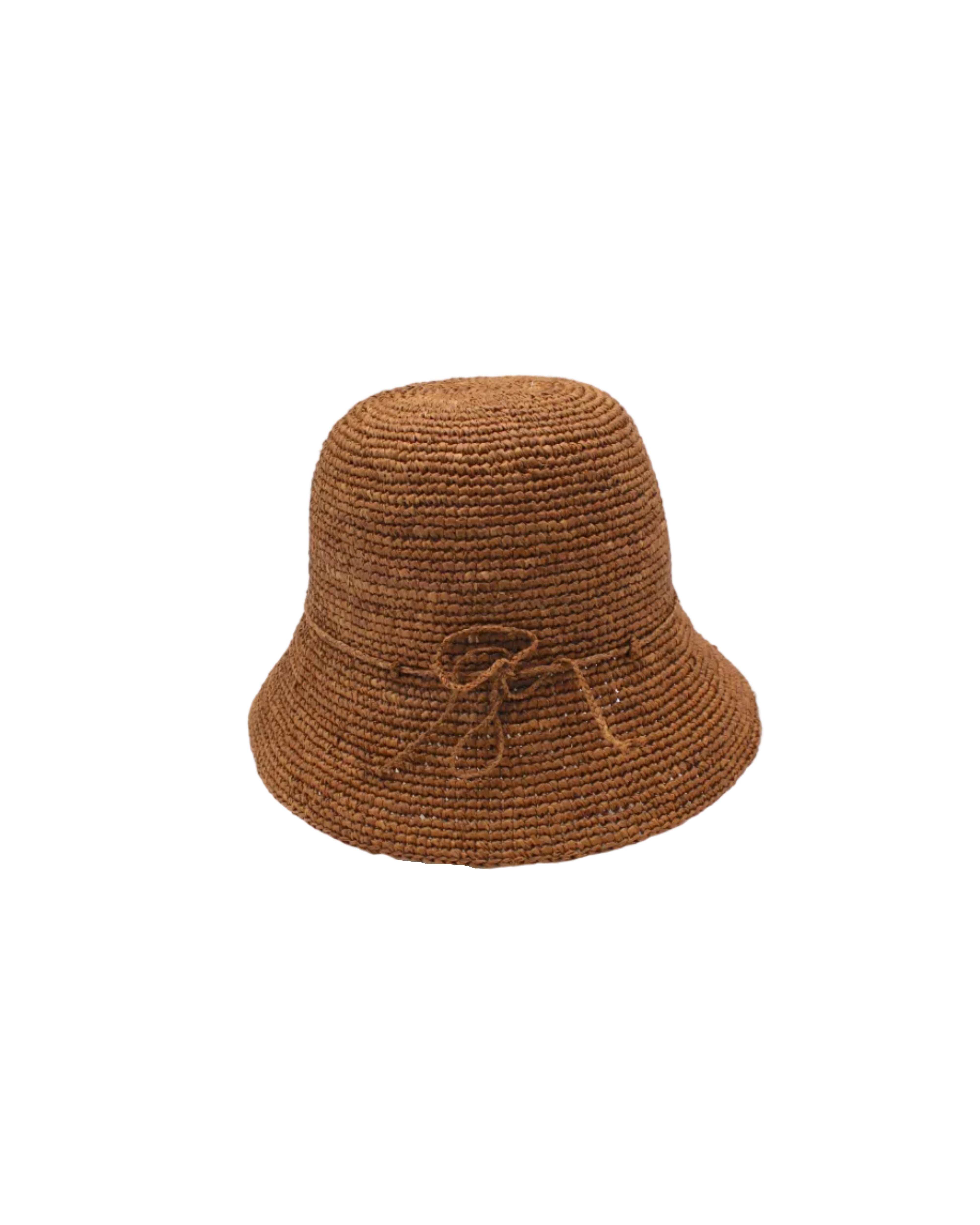 Bobbi 3" Brim Crochet Bucket Raffia Straw Hats handmade natural raffia palm fiber in a subtle crochet link texture spiraling out from the top crown of the hat to the edge of the brim in a solid hue of tobacco dark/cinnamon brown with matching braided adjustable hat band sun hat - Shebobo
