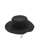 3" Brim Bolero Crochet Straw Sun Hats handmade crochet natural raffia palm fiber in a solid hue of black making a concentric pattern from the center top of the flattened crown spiraling out to the edge of the brim with matching adjustable raffia braid hat band - Shebobo