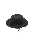 3" Brim Bolero Crochet Straw Sun Hats handmade crochet natural raffia palm fiber in a solid hue of black making a concentric pattern from the center top of the flattened crown spiraling out to the edge of the brim with matching adjustable raffia braid hat band - Shebobo