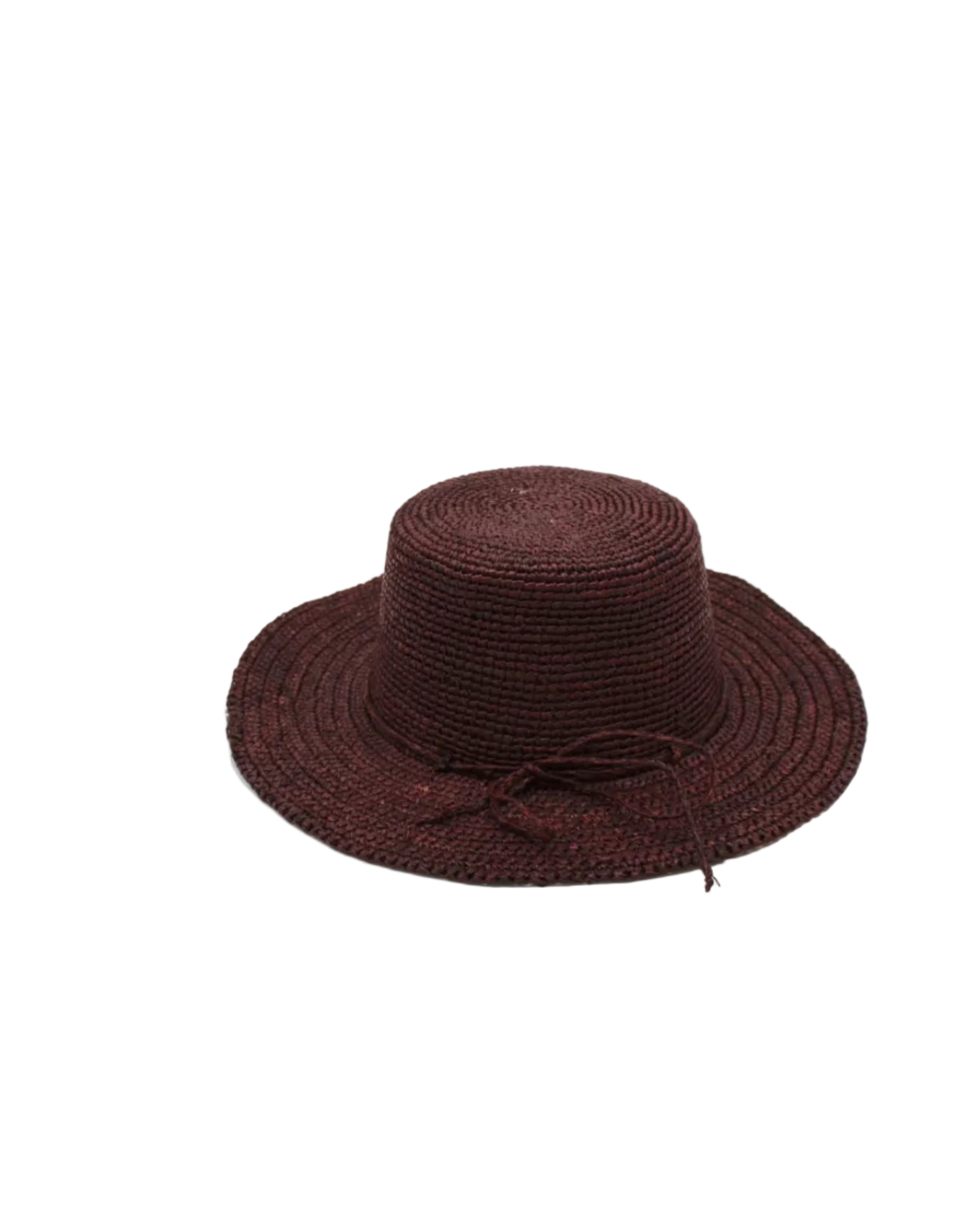 3" Brim Bolero Crochet Straw Sun Hats handmade crochet natural raffia palm fiber in a solid hue of mocha dark/chocolate/brown making a concentric pattern from the center top of the flattened crown spiraling out to the edge of the brim with matching adjustable raffia braid hat band - Shebobo