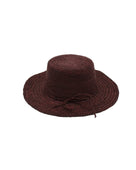 3" Brim Bolero Crochet Straw Sun Hats handmade crochet natural raffia palm fiber in a solid hue of mocha dark/chocolate/brown making a concentric pattern from the center top of the flattened crown spiraling out to the edge of the brim with matching adjustable raffia braid hat band - Shebobo