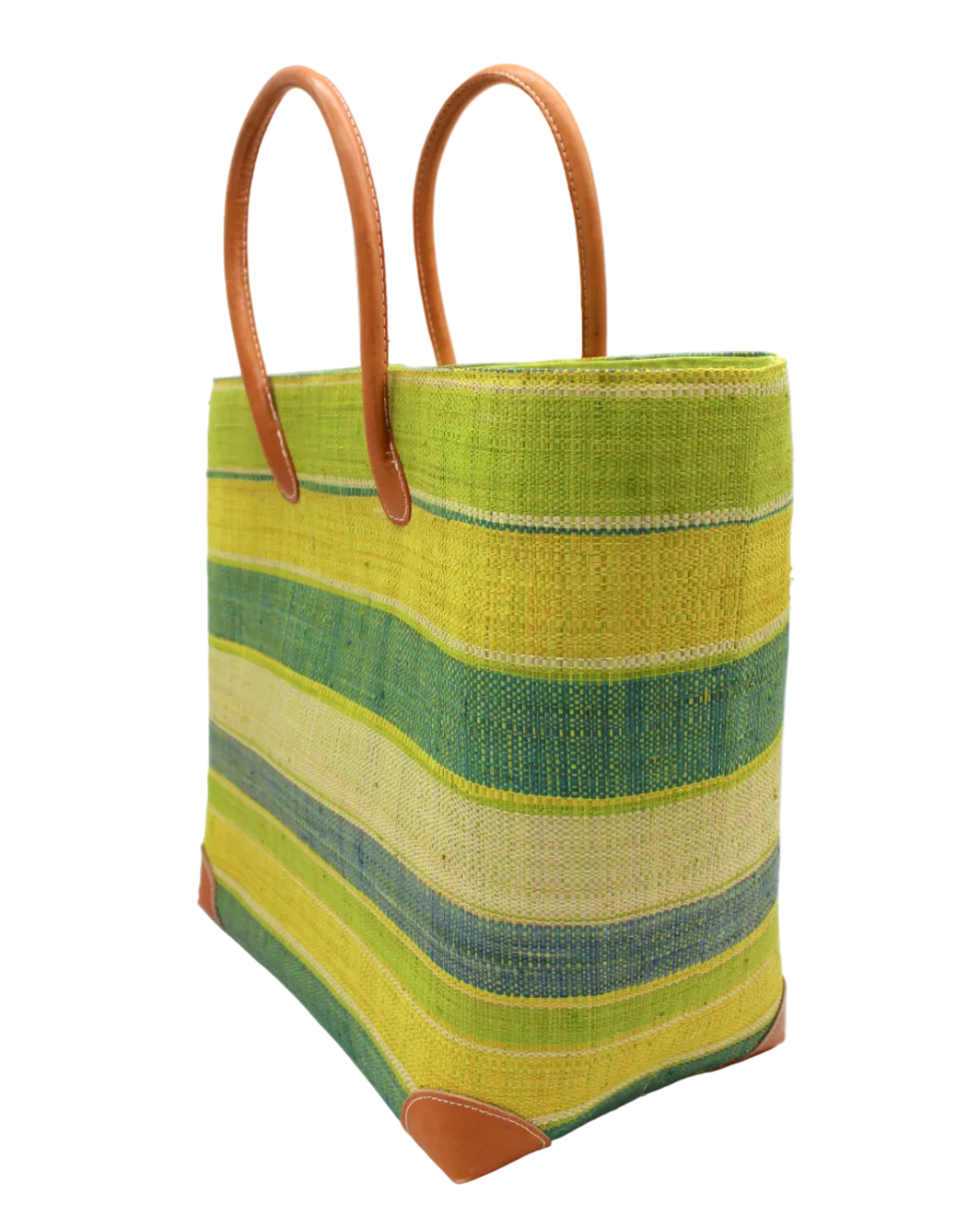 Side view Bolinas Izarra Swirl XL Straw Basket Bag handmade loomed natural raffia palm fiber in a multicolor horizontal stripe pattern of multiple width bands of natural straw color, lime green, turquoise blue, navy blue, yellow, etc. with leather handles and accents large tote bag shoulder bag handbag beach bag - Shebobo