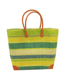 Bolinas Izarra Swirl XL Straw Basket Bag handmade loomed natural raffia palm fiber in a multicolor horizontal stripe pattern of multiple width bands of natural straw color, lime green, turquoise blue, navy blue, yellow, etc. with leather handles and accents large tote bag shoulder bag handbag beach bag - Shebobo