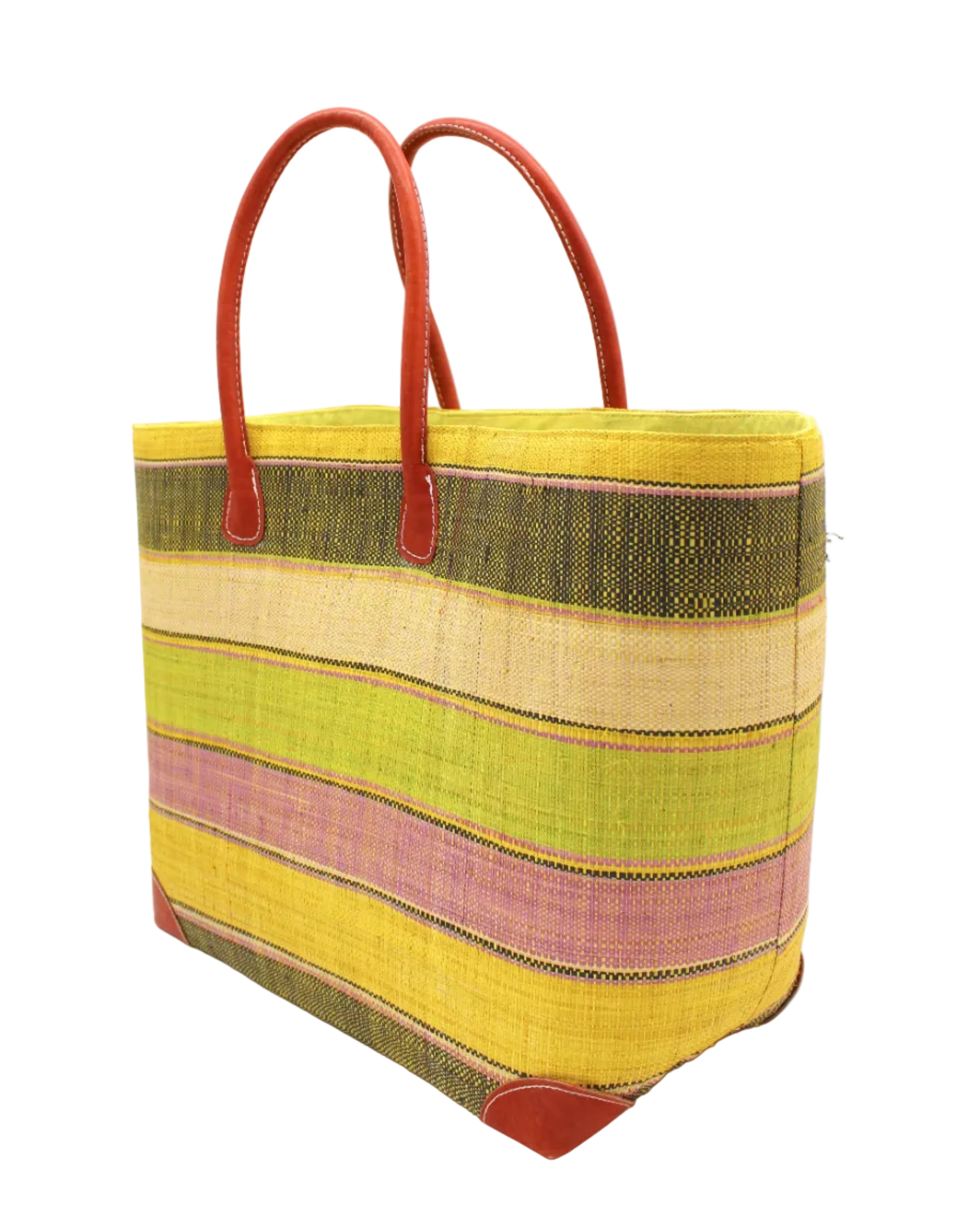 Side view Bolinas Lemonade Swirl XL Straw Basket Bag handmade loomed natural raffia palm fiber in a multicolor horizontal stripe pattern of multiple width bands of natural straw color, black, yellow, lime green, light purple, etc. with leather handles and accents large tote bag shoulder bag handbag beach bag - Shebobo