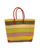 Bolinas Lemonade Swirl XL Straw Basket Bag handmade loomed natural raffia palm fiber in a multicolor horizontal stripe pattern of multiple width bands of natural straw color, black, yellow, lime green, light purple, etc. with leather handles and accents large tote bag shoulder bag handbag beach bag - Shebobo