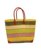 Bolinas Lemonade Swirl XL Straw Basket Bag handmade loomed natural raffia palm fiber in a multicolor horizontal stripe pattern of multiple width bands of natural straw color, black, yellow, lime green, light purple, etc. with leather handles and accents large tote bag shoulder bag handbag beach bag - Shebobo