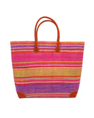 Bolinas Raspberry Swirl XL Straw Basket Bag handmade loomed natural raffia palm fiber in a multicolor horizontal stripe pattern of multiple width bands of natural straw color, red, pink, purple, lime green, yellow, light blue, coral orange, etc. with leather handles and accents large tote bag shoulder bag handbag beach bag - Shebobo
