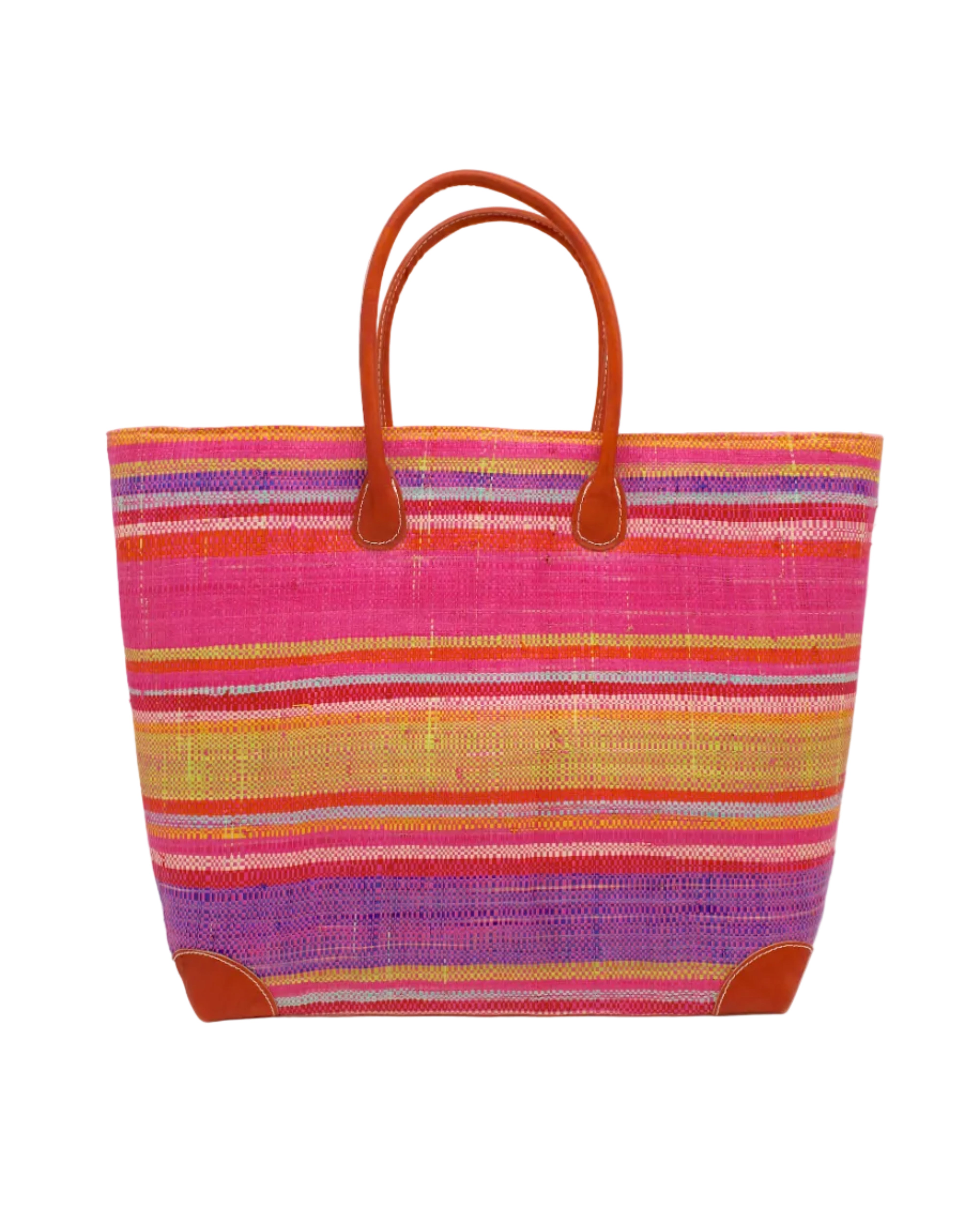 Bolinas Raspberry Swirl XL Straw Basket Bag handmade loomed natural raffia palm fiber in a multicolor horizontal stripe pattern of multiple width bands of natural straw color, red, pink, purple, lime green, yellow, light blue, coral orange, etc. with leather handles and accents large tote bag shoulder bag handbag beach bag - Shebobo
