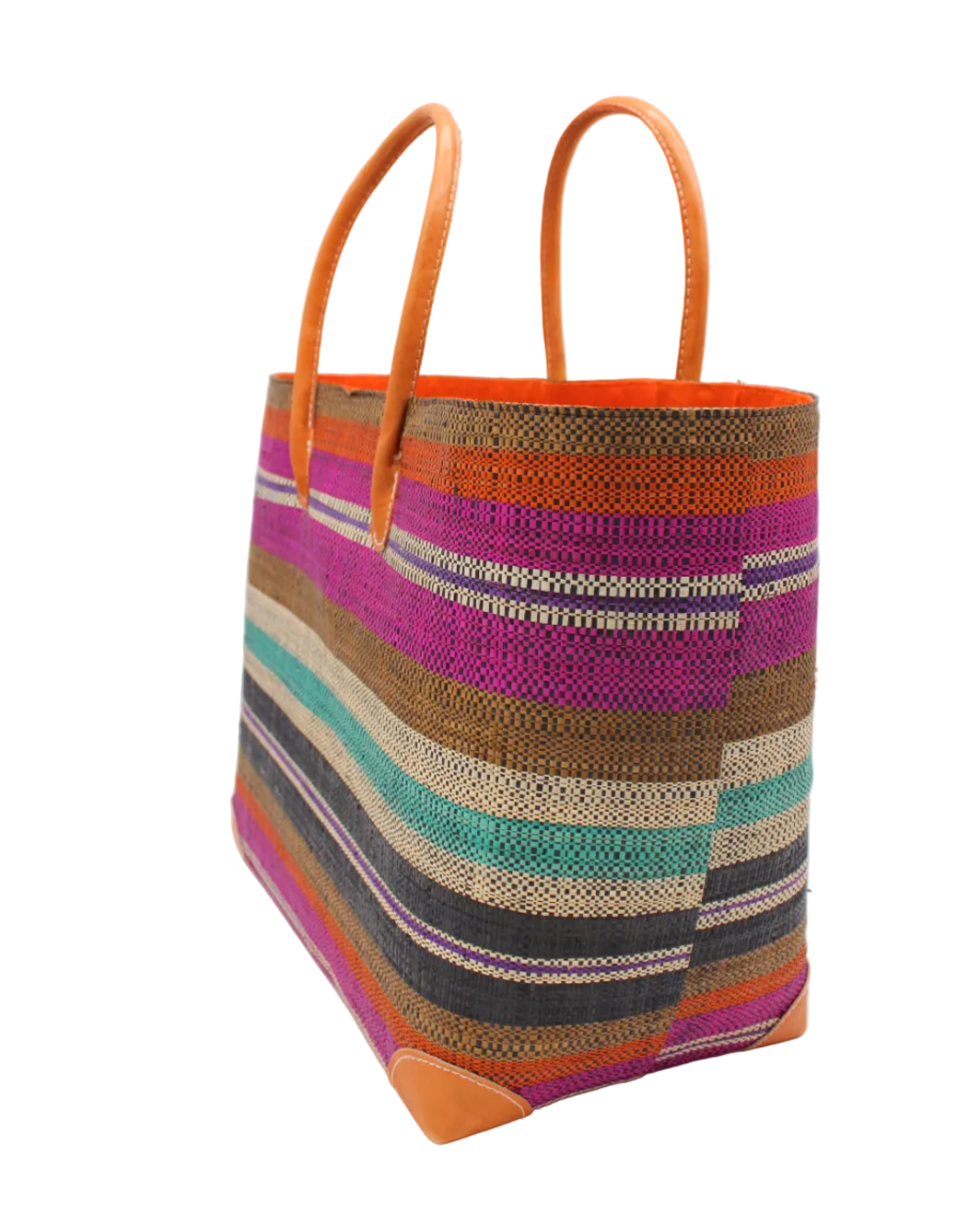 Side view Bolinas Revel Swirl XL Straw Basket Bag handmade loomed natural raffia palm fiber in a multicolor horizontal stripe pattern of multiple width bands of tobacco cinnamon/dark/brown, coral orange/red, orchid pink/purple, natural straw color, purple, seafoam blue/green, black, etc. with leather handles and accents large tote bag shoulder bag handbag beach bag - Shebobo