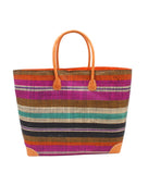 Bolinas Revel Swirl XL Straw Basket Bag handmade loomed natural raffia palm fiber in a multicolor horizontal stripe pattern of multiple width bands of tobacco cinnamon/dark/brown, coral orange/red, orchid pink/purple, natural straw color, purple, seafoam blue/green, black, etc. with leather handles and accents large tote bag shoulder bag handbag beach bag - Shebobo