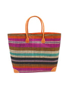 Bolinas Revel Swirl XL Straw Basket Bag handmade loomed natural raffia palm fiber in a multicolor horizontal stripe pattern of multiple width bands of tobacco cinnamon/dark/brown, coral orange/red, orchid pink/purple, natural straw color, purple, seafoam blue/green, black, etc. with leather handles and accents large tote bag shoulder bag handbag beach bag - Shebobo