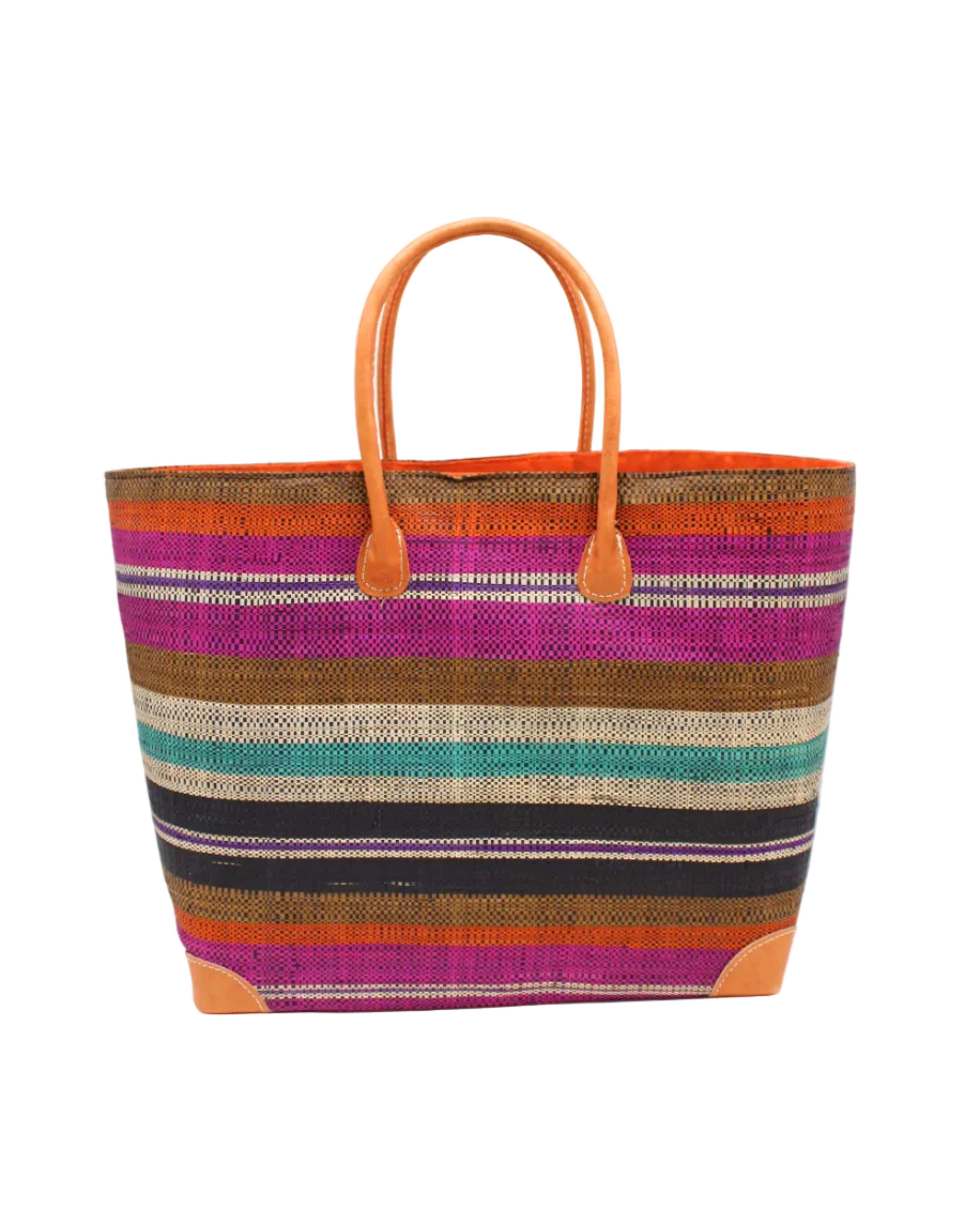 Bolinas Revel Swirl XL Straw Basket Bag handmade loomed natural raffia palm fiber in a multicolor horizontal stripe pattern of multiple width bands of tobacco cinnamon/dark/brown, coral orange/red, orchid pink/purple, natural straw color, purple, seafoam blue/green, black, etc. with leather handles and accents large tote bag shoulder bag handbag beach bag - Shebobo