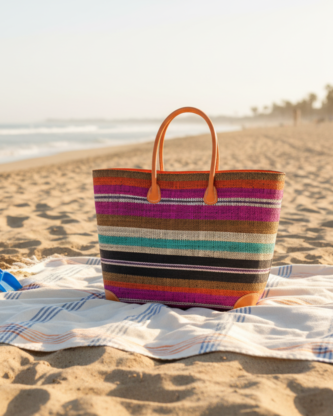 Lifestyle view Bolinas Revel Swirl XL Straw Basket Bag handmade loomed natural raffia palm fiber in a multicolor horizontal stripe pattern of multiple width bands of tobacco cinnamon/dark/brown, coral orange/red, orchid pink/purple, natural straw color, purple, seafoam blue/green, black, etc. with leather handles and accents large tote bag shoulder bag handbag beach bag - Shebobo