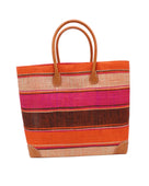 Bolinas Whimsy Swirl XL Straw Basket Bag handmade loomed natural raffia palm fiber in a multicolor horizontal stripe pattern of multiple width bands of natural straw color, fuchsia hot/bright/barbie/pink, coral orange/red, black, etc. with leather handles and accents large tote bag shoulder bag handbag beach bag - Shebobo