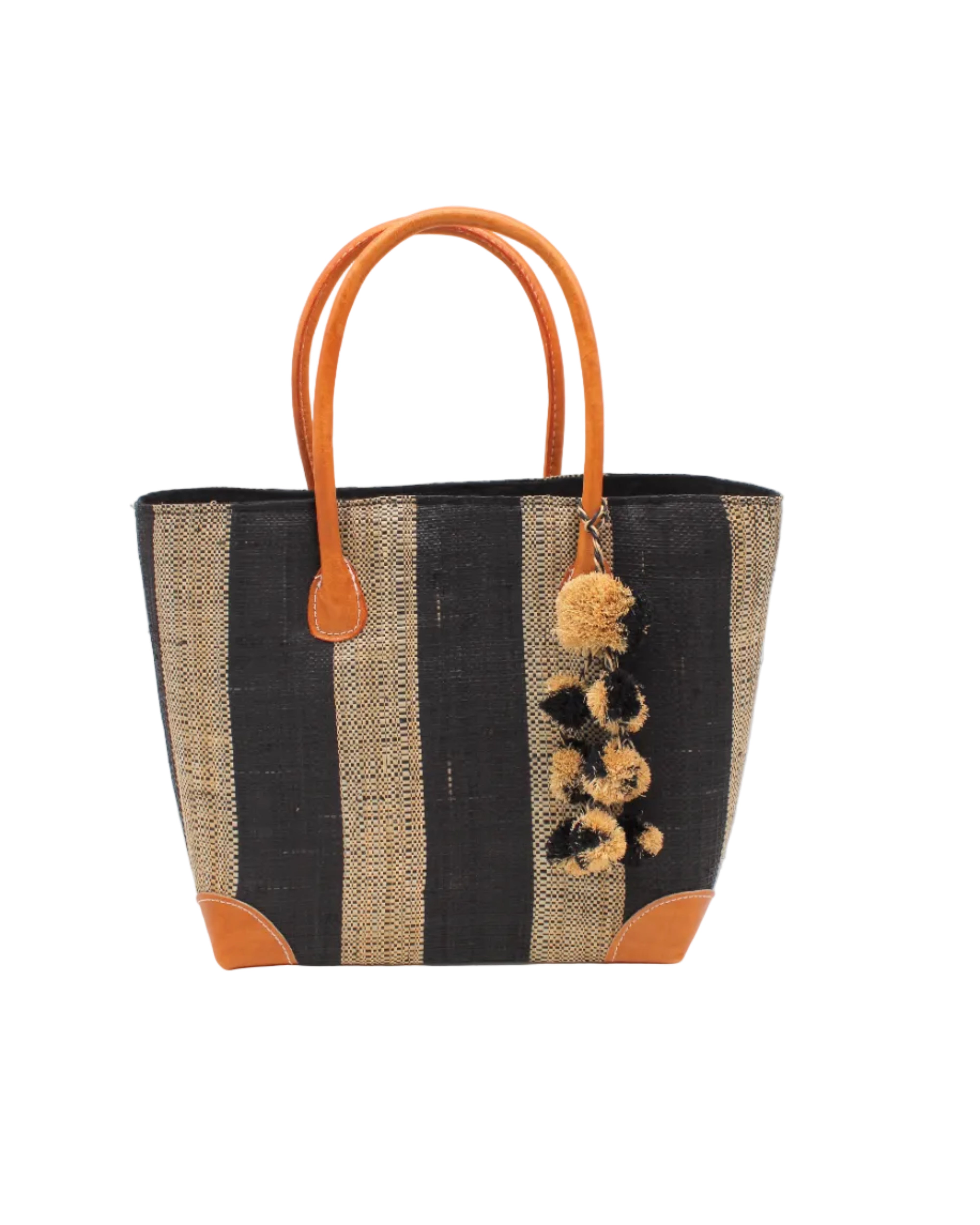 Bora Bora Black Two Tone Stripes Straw Basket Bag with Waterfall Pompoms Charm Embellishment handmade loomed natural raffia palm fiber in a multicolor horizontal stripe pattern of even width wide bands of black and natural straw color with leather handles and feet plus matching waterfall pompom charm embellishment handbag beach bag - Shebobo