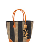 Bora Bora Black Two Tone Stripes Straw Basket Bag with Waterfall Pompoms Charm Embellishment handmade loomed natural raffia palm fiber in a multicolor horizontal stripe pattern of even width wide bands of black and natural straw color with leather handles and feet plus matching waterfall pompom charm embellishment handbag beach bag - Shebobo