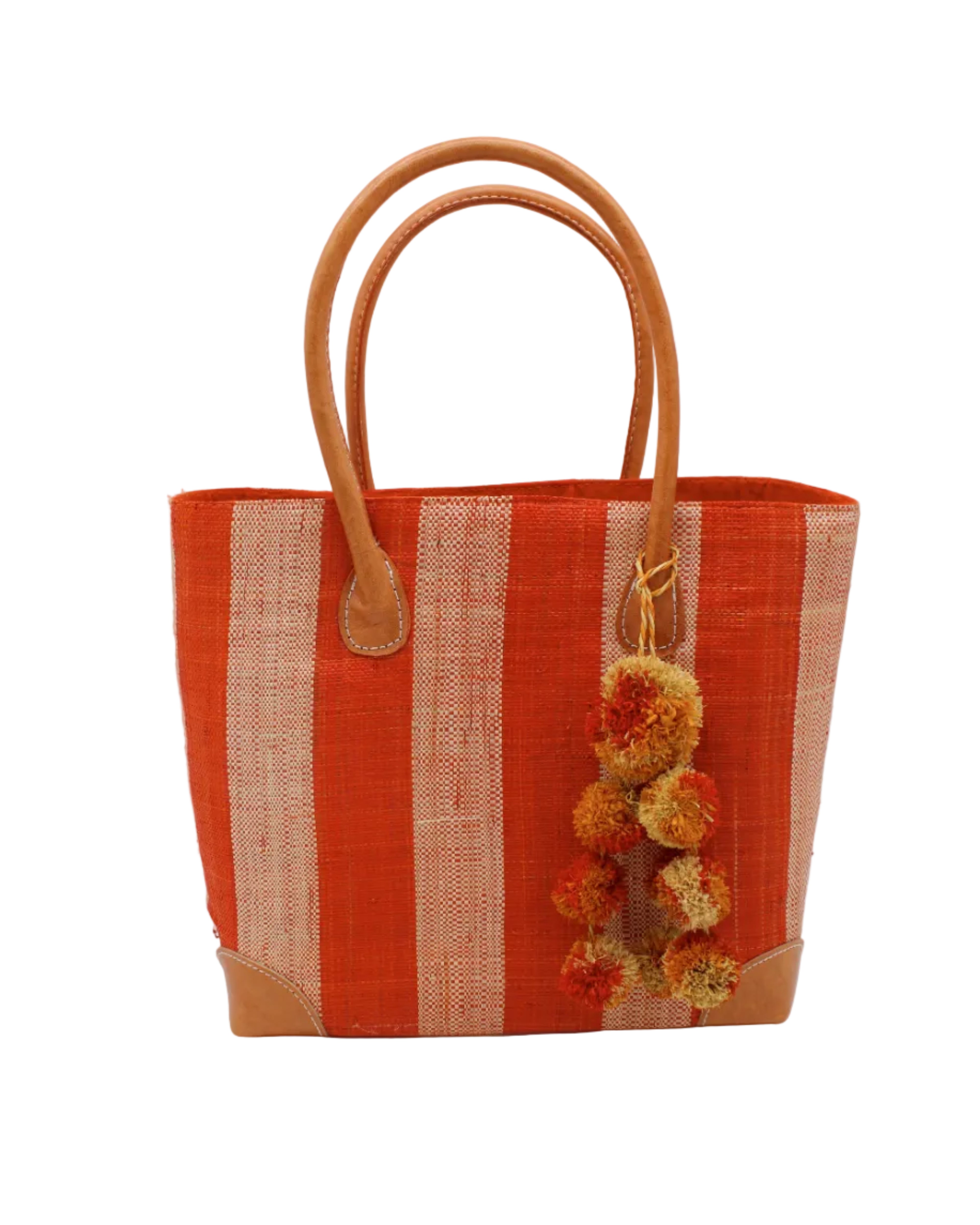Bora Bora Coral Two Tone Stripes Straw Basket Bag with Waterfall Pompoms Charm Embellishment handmade loomed natural raffia palm fiber in a multicolor horizontal stripe pattern of even width wide bands of coral orange/red and natural straw color with leather handles and feet plus matching waterfall pompom charm embellishment handbag beach bag - Shebobo