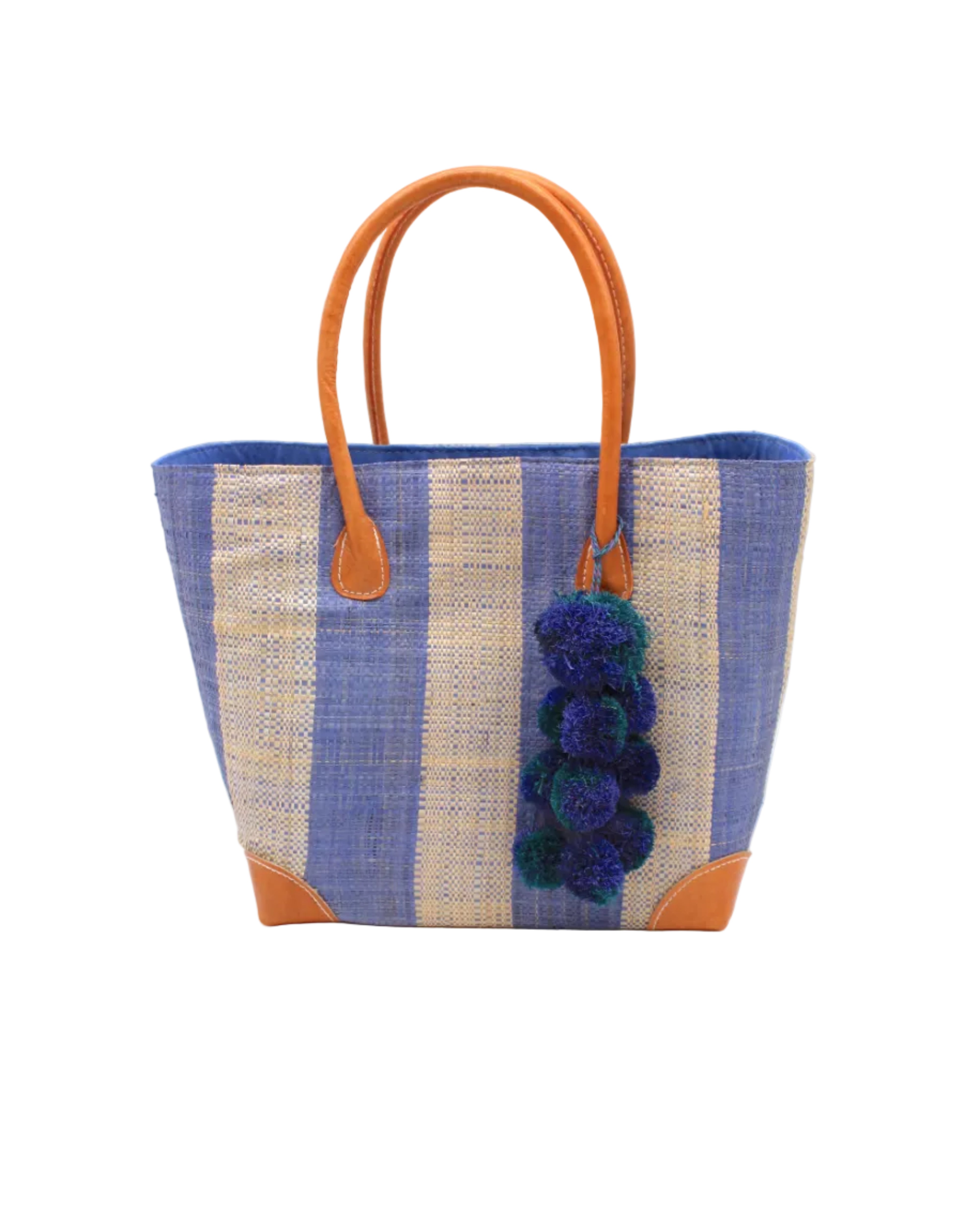 Bora Bora Denim Two Tone Stripes Straw Basket Bag with Waterfall Pompoms Charm Embellishment handmade loomed natural raffia palm fiber in a multicolor horizontal stripe pattern of even width wide bands of denim retro/light/blue and natural straw color with leather handles and feet plus matching waterfall pompom charm embellishment handbag beach bag - Shebobo