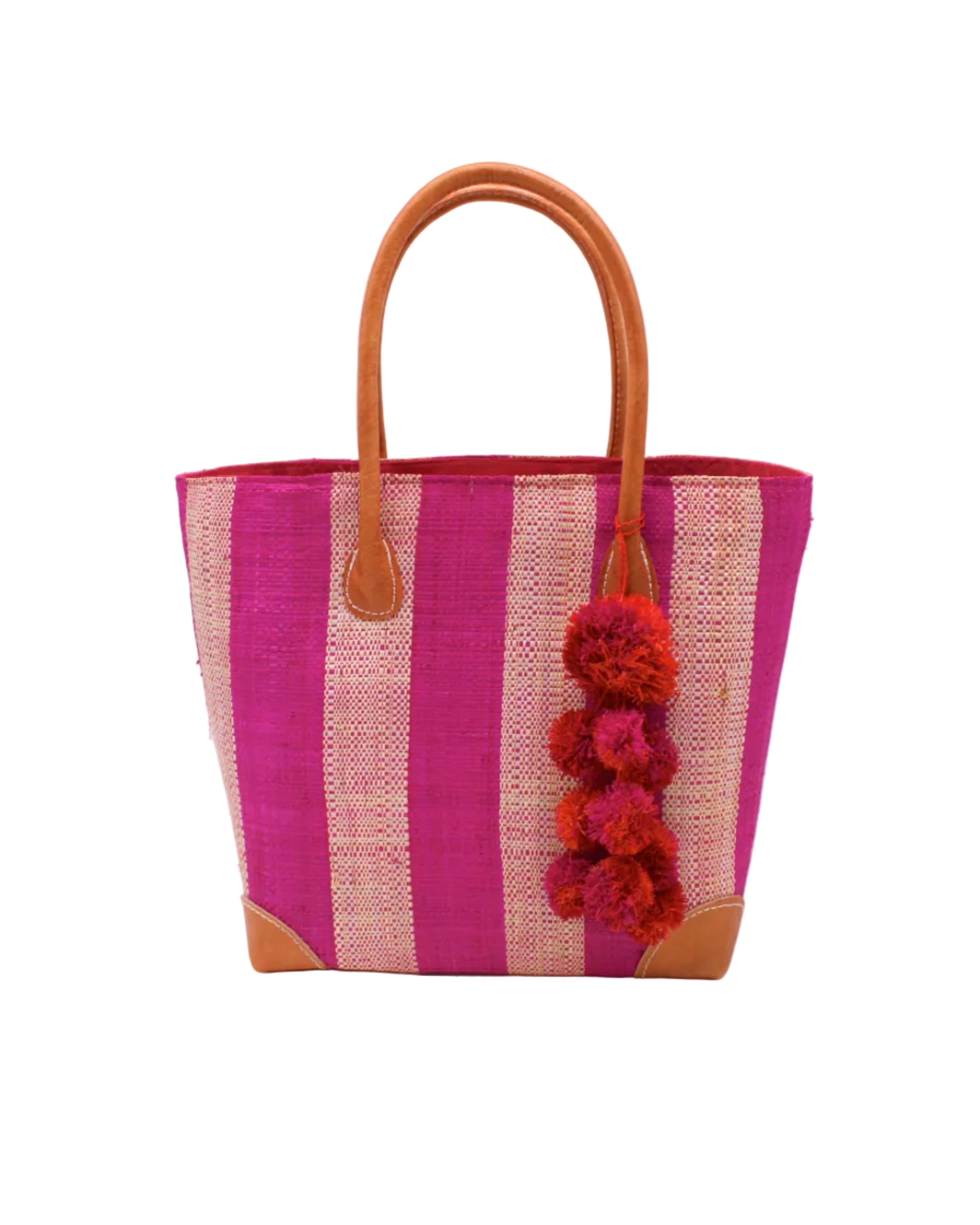 Bora Bora Fuchsia Two Tone Stripes Straw Basket Bag with Waterfall Pompoms Charm Embellishment handmade loomed natural raffia palm fiber in a multicolor horizontal stripe pattern of even width wide bands of fuchsia hot/bright/barbie/pink and natural straw color with leather handles and feet plus matching waterfall pompom charm embellishment handbag beach bag - Shebobo