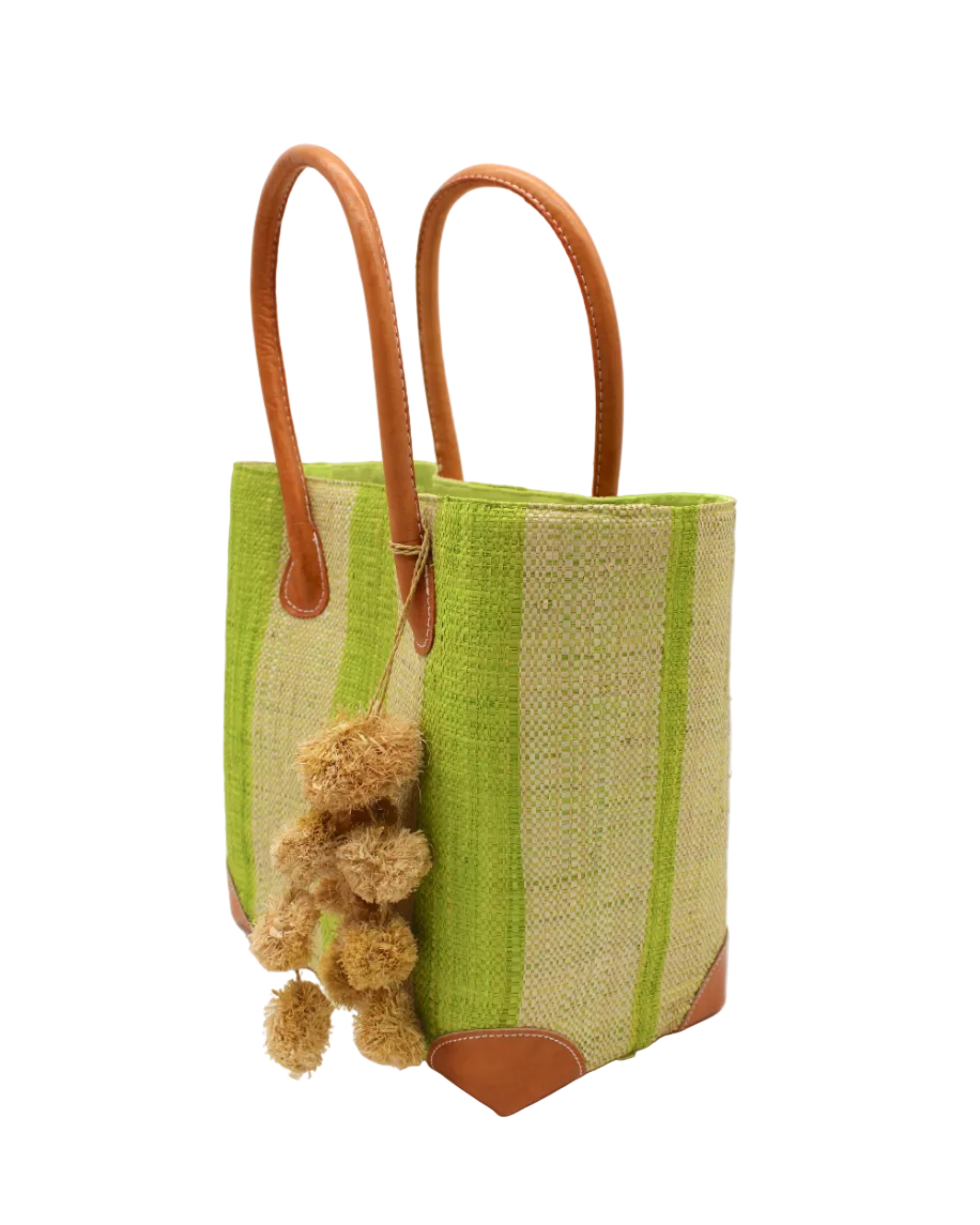 Side view Bora Bora Midori Two Tone Stripes Straw Basket Bag with Waterfall Pompoms Charm Embellishment handmade loomed natural raffia palm fiber in a multicolor horizontal stripe pattern of even width wide bands of midori lime/neon/bright/green and natural straw color with leather handles and feet plus matching waterfall pompom charm embellishment handbag beach bag - Shebobo