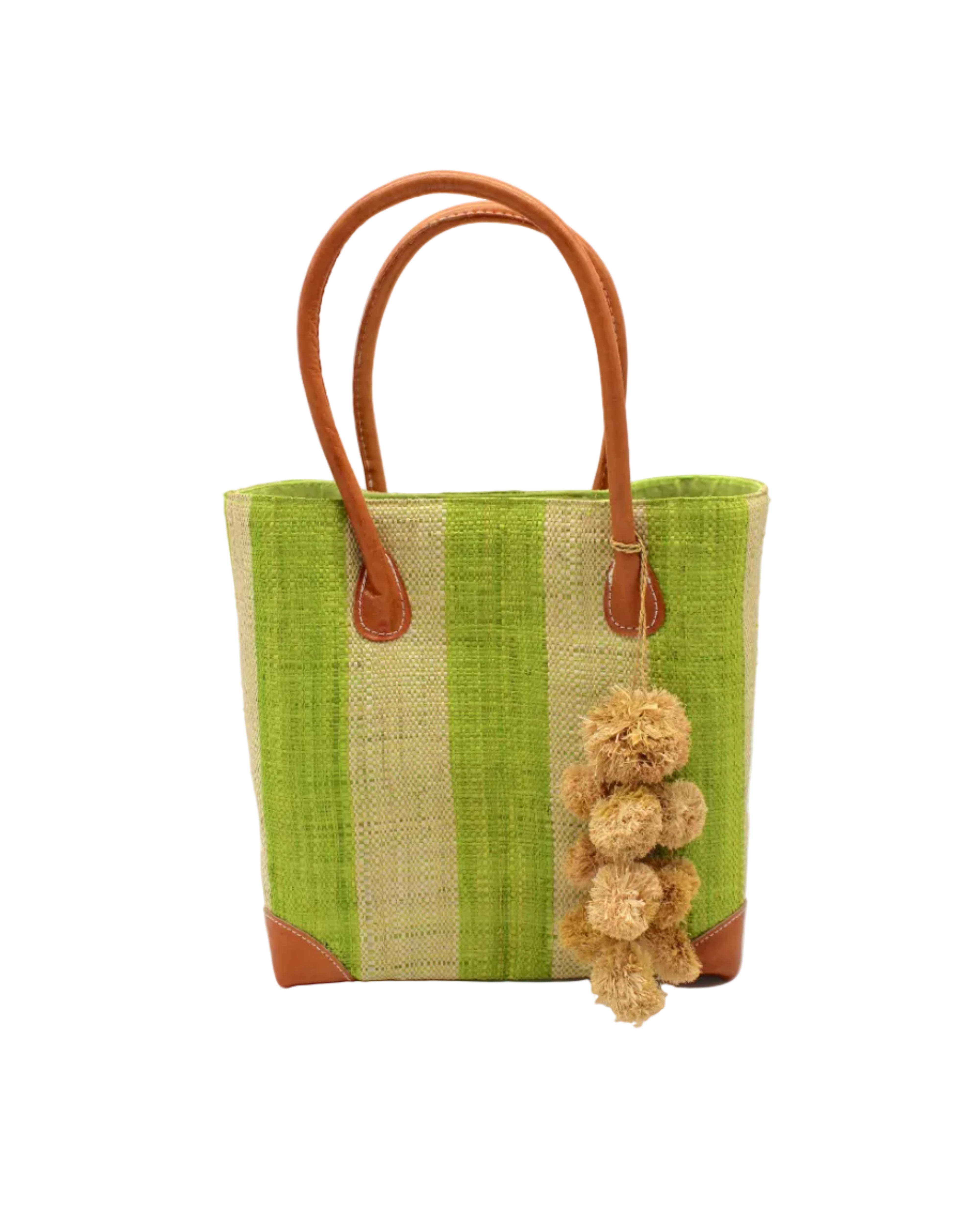 Bora Bora Midori Two Tone Stripes Straw Basket Bag with Waterfall Pompoms Charm Embellishment handmade loomed natural raffia palm fiber in a multicolor horizontal stripe pattern of even width wide bands of midori lime/neon/bright/green and natural straw color with leather handles and feet plus matching waterfall pompom charm embellishment handbag beach bag - Shebobo