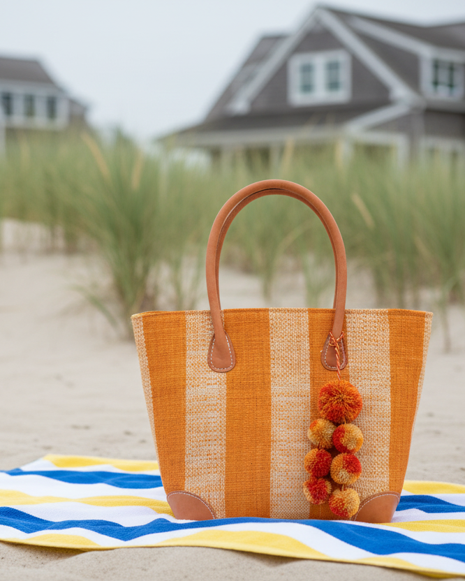 Lifestyle view Bora Bora Saffron Two Tone Stripes Straw Basket Bag with Waterfall Pompoms Charm Embellishment handmade loomed natural raffia palm fiber in a multicolor horizontal stripe pattern of even width wide bands of saffron orange/yellow and natural straw color with leather handles and feet plus matching waterfall pompom charm embellishment handbag beach bag - Shebobo