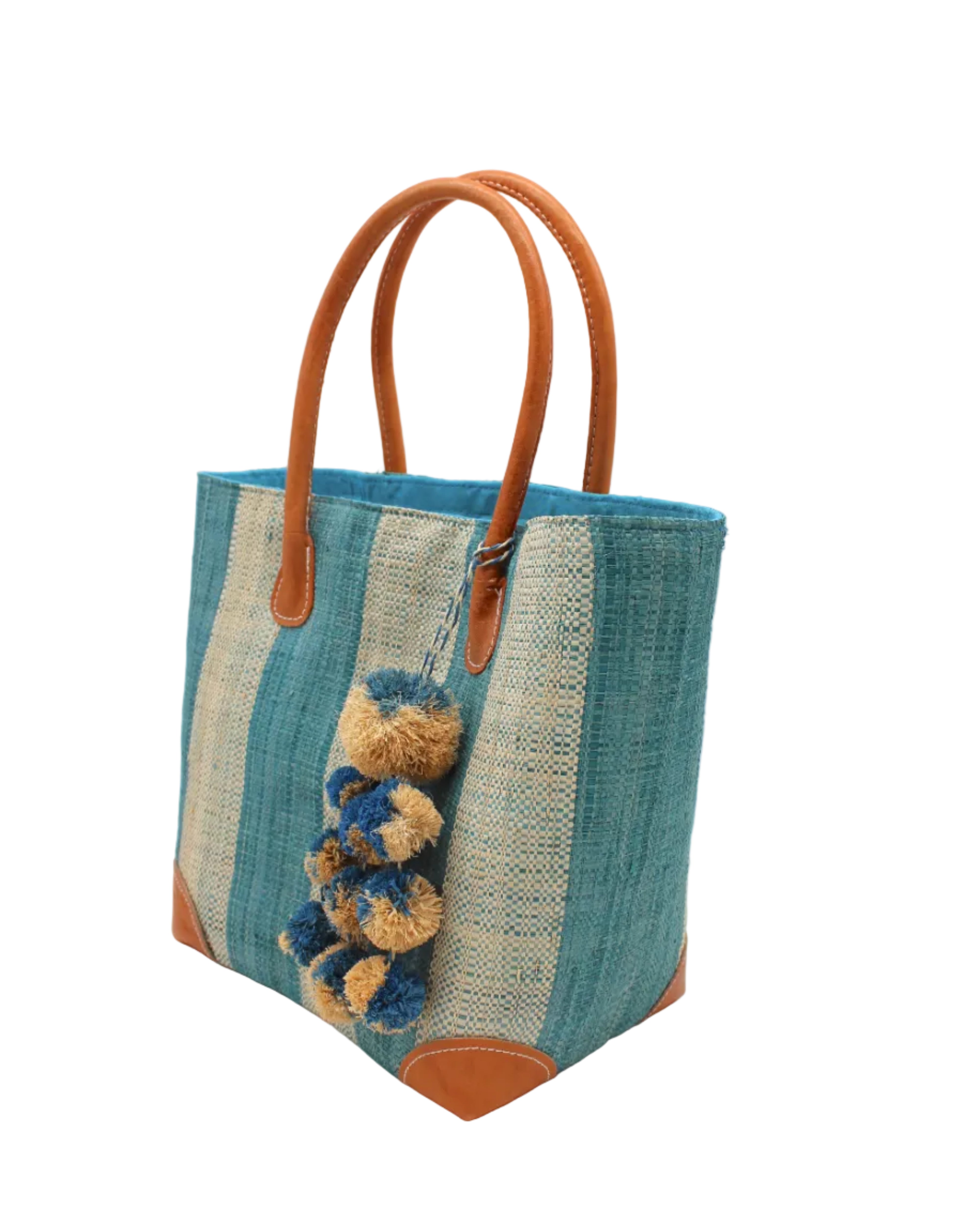 Side view Bora Bora Turquoise Two Tone Stripes Straw Basket Bag with Waterfall Pompoms Charm Embellishment handmade loomed natural raffia palm fiber in a multicolor horizontal stripe pattern of even width wide bands of turquoise light/blue/green and natural straw color with leather handles and feet plus matching waterfall pompom charm embellishment handbag beach bag - Shebobo