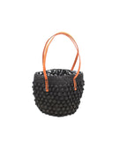 Boucle Black Crochet Small Straw Handbag  handmade woven raffia palm fiber in a solid hue of black in a supple nub/ball texture of horizontal bands around the bag with link weave around the top plus assorted print drawstring liner and leather handles  shoulder bag purse - Shebobo