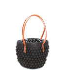 Boucle Black Crochet Small Straw Handbag  handmade woven raffia palm fiber in a solid hue of black in a supple nub/ball texture of horizontal bands around the bag with link weave around the top plus assorted print drawstring liner and leather handles  shoulder bag purse - Shebobo