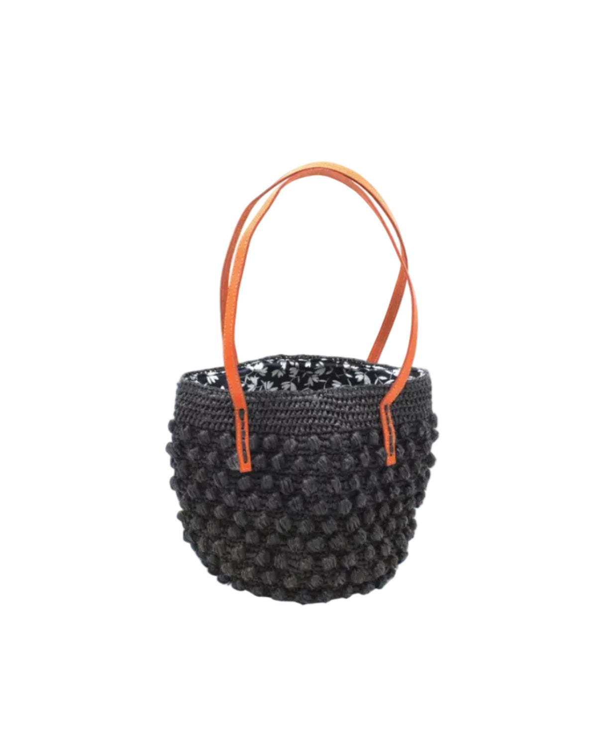 Boucle Black Crochet Small Straw Handbag  handmade woven raffia palm fiber in a solid hue of black in a supple nub/ball texture of horizontal bands around the bag with link weave around the top plus assorted print drawstring liner and leather handles  shoulder bag purse - Shebobo