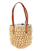 Boucle Natural Crochet Small Straw Handbag  handmade woven raffia palm fiber in a solid hue of natural straw color in a supple nub/ball texture of horizontal bands around the bag with link weave around the top plus assorted print drawstring liner and leather handles  shoulder bag purse - Shebobo