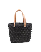 Boucle Black Crochet Straw Basket Bag handmade woven raffia palm fiber in a solid hue of black in a supple nub/ball texture of horizontal bands around the bag with link weave around the top and loop crochet edging on the bottom and top plus leather handles beach bag shoulder bag purse - Shebobo