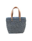 Boucle Denim Crochet Straw Basket Bag handmade woven raffia palm fiber in a solid hue of denim retro/light/blue in a supple nub/ball texture of horizontal bands around the bag with link weave around the top and loop crochet edging on the bottom and top plus leather handles beach bag shoulder bag purse - Shebobo