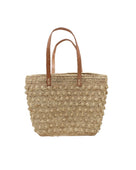 Boucle Natural Crochet Straw Basket Bag handmade woven raffia palm fiber in a solid hue of natural straw color in a supple nub/ball texture of horizontal bands around the bag with link weave around the top and loop crochet edging on the bottom and top plus leather handles beach bag shoulder bag purse - Shebobo
