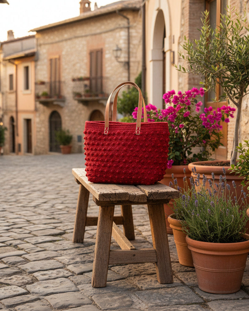 Lifestyle view Boucle Red Crochet Straw Basket Bag handmade woven raffia palm fiber in a solid hue of red in a supple nub/ball texture of horizontal bands around the bag with link weave around the top and loop crochet edging on the bottom and top plus leather handles beach bag shoulder bag purse - Shebobo