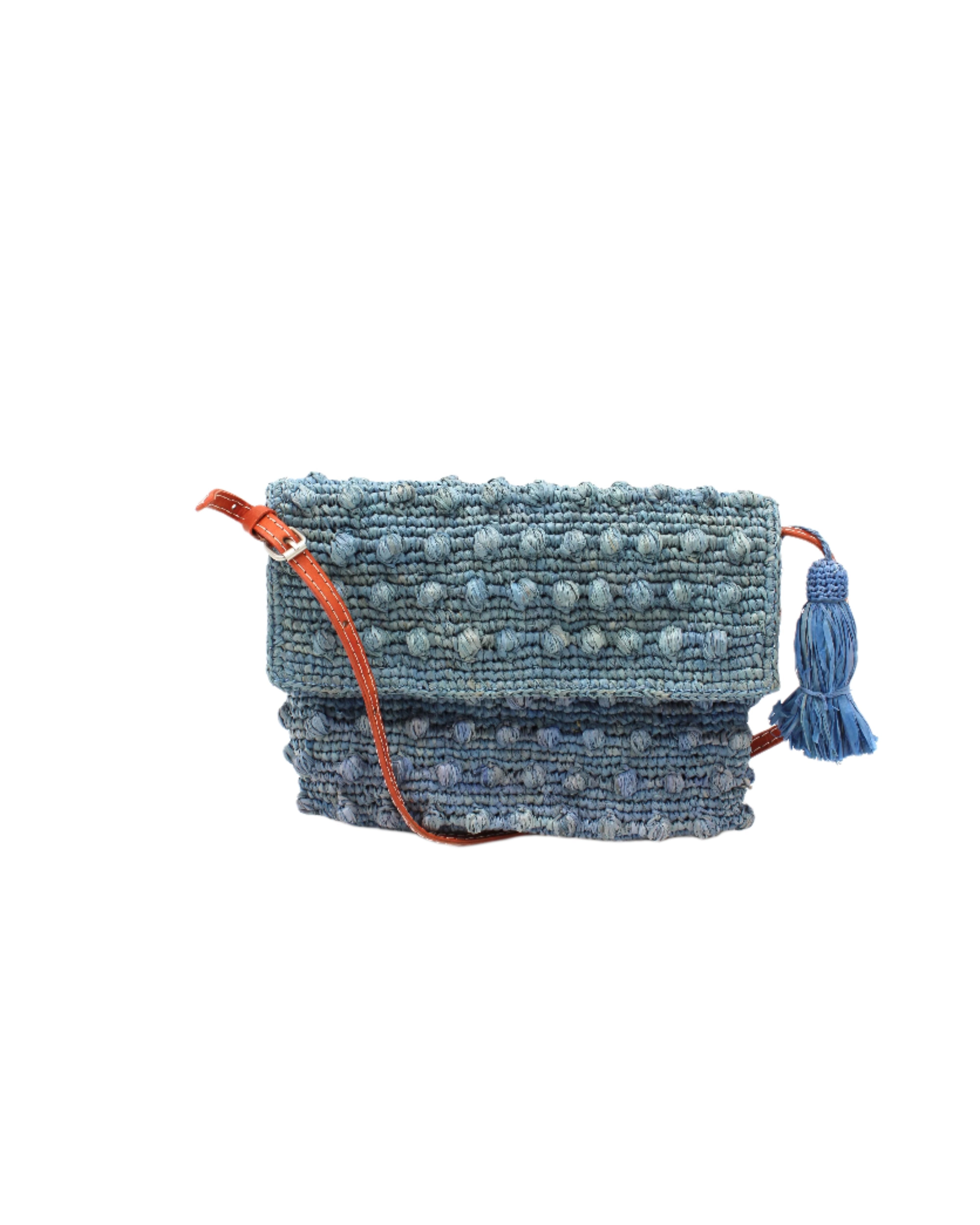 Boucle Denim Crochet Straw Crossbody Bag with Tassel Charm  handmade woven raffia palm fiber in a solid hue of denim retro/light/blue in a supple nub/ball texture of horizontal bands around the bag with link weave around the outer envelope closure flap plus adjustable leather shoulder strap beach bag purse - Shebobo